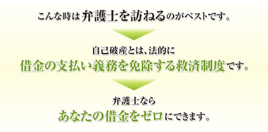 こんな時は弁護士を訪ねるのがベストです。自己破産とは、法的に借金の支払い義務を免除する救済制度です。弁護士ならあなたの借金をゼロにできます。